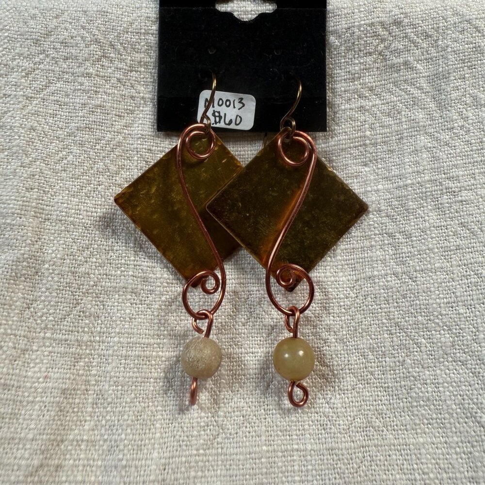 Handmade Copper Wire Wrapped Tiger’s Eye Square Dangle Bead Drop Earrings